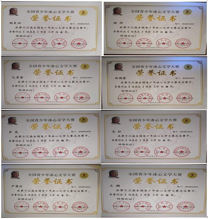 获奖学生荣誉证书